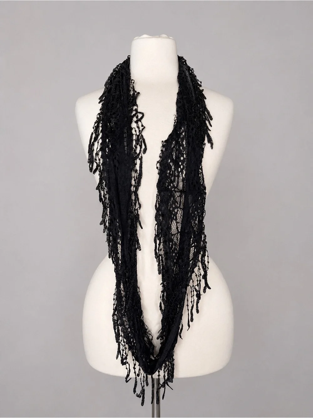 Black Lace Infinity Scarf Fringe Sheer Boho Gothic Festival Lightweight Wrap OS